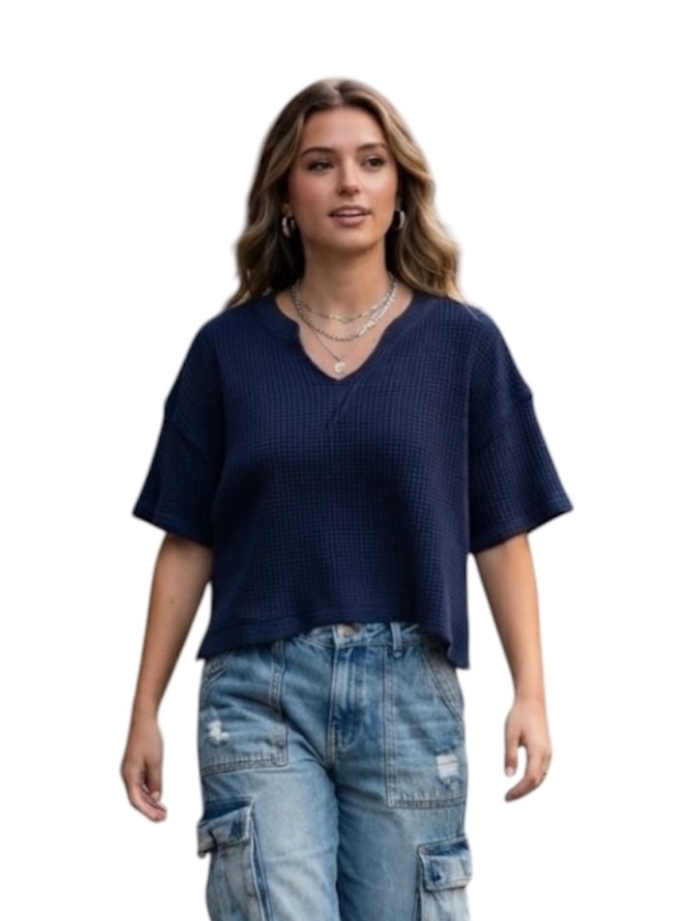 Offline by Aerie Short Sleeve Crop Top XS Blue Waffle Athleisure Girly Chic Y2K